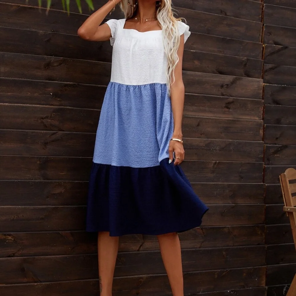 Boho Color Block Green Ruffle Sleeve Midi Dress - Picture 6 of 9